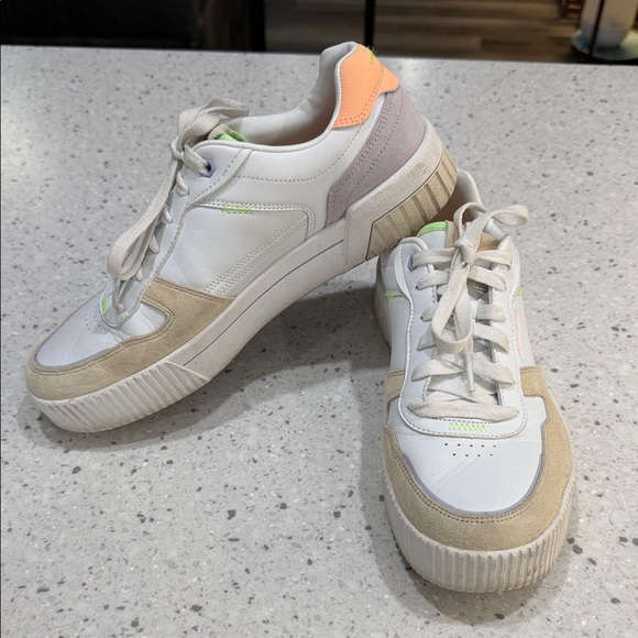 Skechers Shoes - Skechers White and Tan Sneakers with Neon Accents